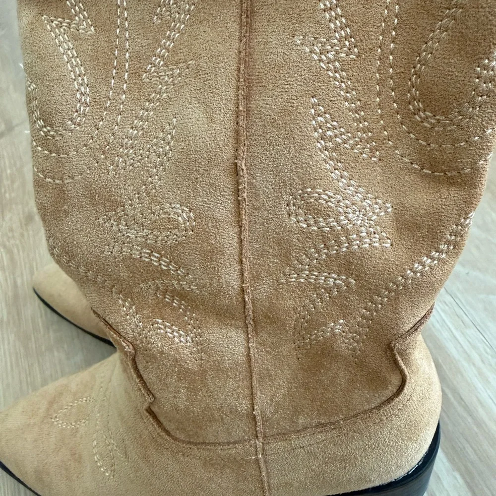 Dark Tan Suede Chunky Heel Women's embroidery Cowgirl Boots - Picture 10 of 10